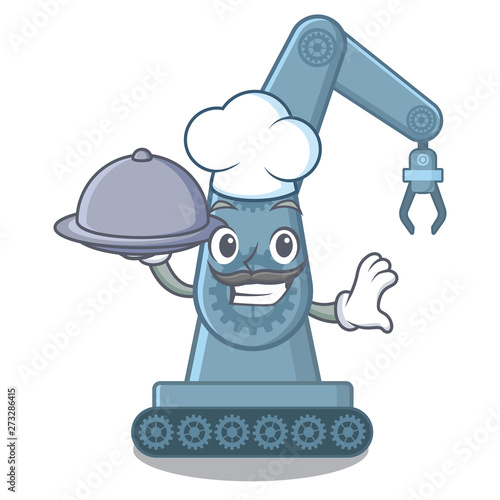 Chef with food mechatronic robot arm above cartoon table
