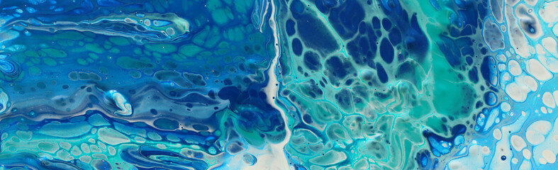 photography of abstract marbleized effect background. Blue, mint and white creative colors. Beautiful paint. banner