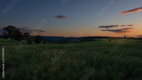 sunset over green field