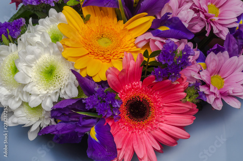 bouquet of chrysanthemums, yellow and pink gerberas