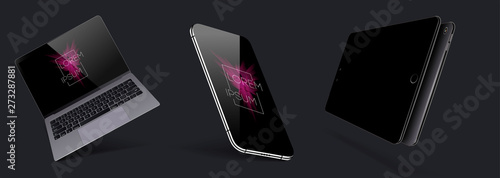 Set Mock-up of realistic devices. Smartphone, laptop, tablet and smartphone with blank screen for design. Vector collection gadgets. 3D, isometric, axonometric view of the device. Vector illustration