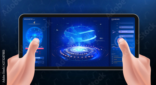 Scanning Car, Analysis and Diagnostics Vehicle, HUD, GUI, UI Element, Selection of Car Parts. Car mechanic maintains a vehicle with the help of a diagnostic computer. Future auto diagnostics. Hologram
