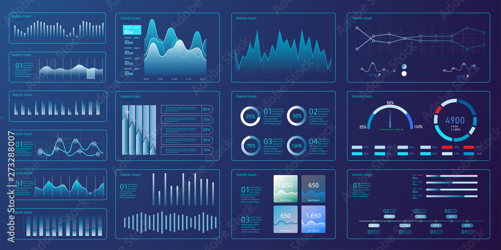 Infographic dashboard template with flat design graphs and pie charts Online statistics and data