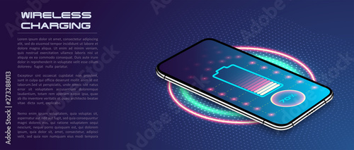 Wireless charging of the smartphone battery. Future concept. The progress of charging the battery of the phone.Wireless charging technology concept on blue background. Vector Illustration