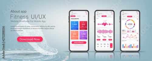 Fitness app material design with flat ui web screens. Template ready application UI, UX, KIT elements. Data analysis, choice of training program. Workout and statistics features and responsive website