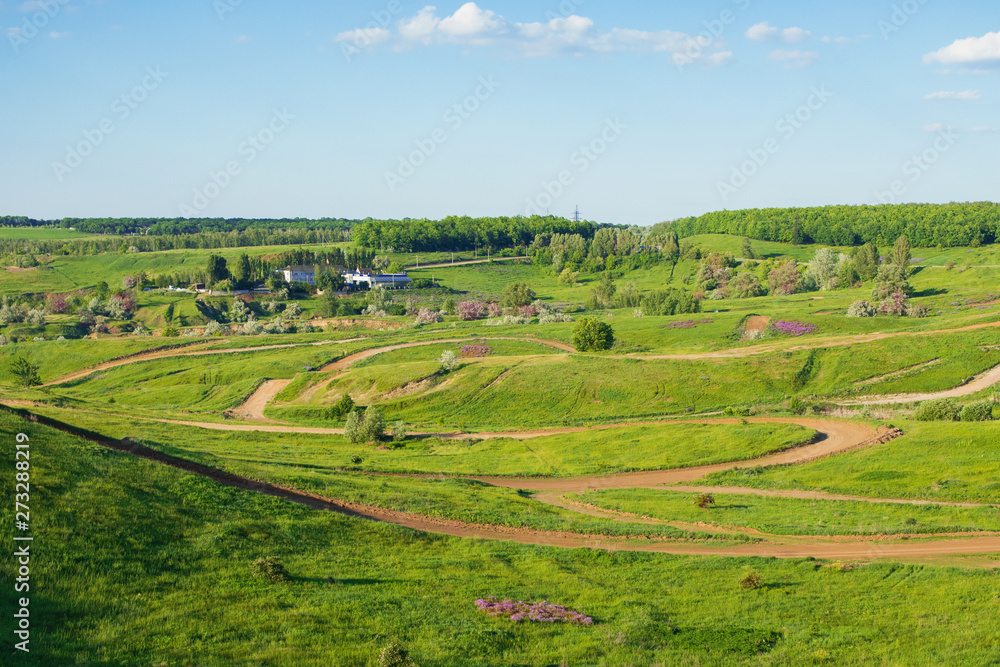 european spring landscape, meadow and sky