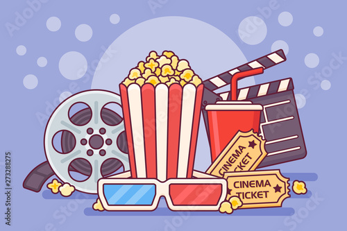 Movie theater poster with popcorn, clapperboard, soda, tickets, 3d glasses and filmstrip. Cinema banner design vector illustration.