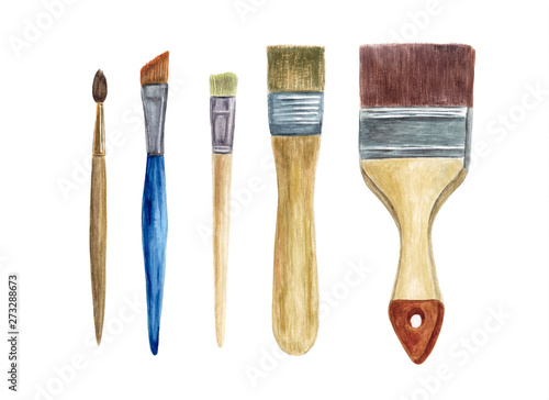 Set of Paint Brushes isolated on white background. Art supplies. Tools for painting. Hand drawn watercolor illustration.