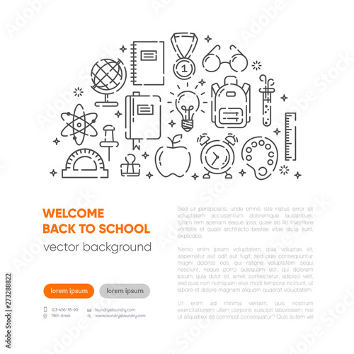 Back to school banner with outline icons of school supplies. Welcome back to school brochure. Green chalkboard background. Learning and education. Vector illustration, eps 10.