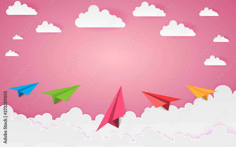 Fototapeta Kolorowy plan rakiety z papieru w różowym niebie Papierowa sztuka Styl tła, ilustracja wektorowa