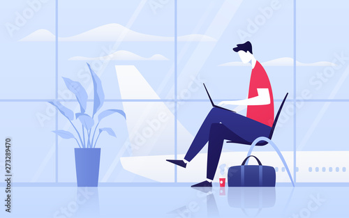 Vector illustration of a young man with laptop sitting in the departure lounge at the airport