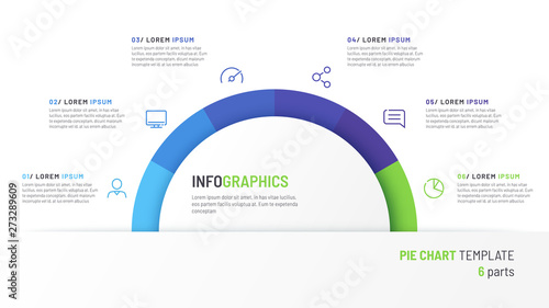 Vector pie chart infographic template in the form of semicircle divided by six parts