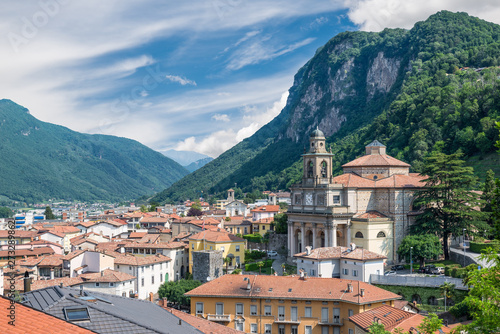 Aerial view of the historic center of a Swiss city; Mendrisio with the church of Saints Cosmas and Damian, Switzerland