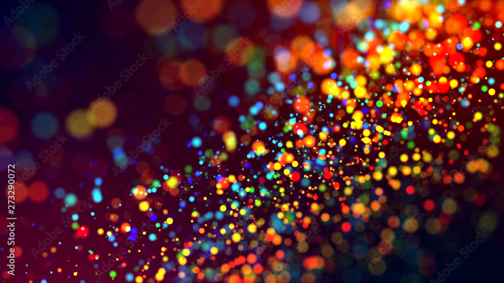 cloud of multicolored particles in the air like sparkles on a dark background with depth of field. beautiful bokeh light effects with colored particles. background for holiday presentations. 4