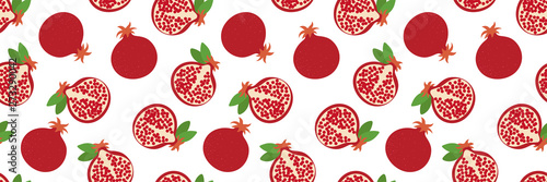 Garnet seamless pattern. Hand drawn fresh pomegranate. Vector sketch background. Color doodle wallpaper. Exotic tropical fruit. Fashion design. Food print for long banner