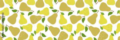 Pear seamless pattern. Long banner. Hand drawn fresh yellow fruit. Fashion design. Vector sketch background. Food print for kitchen tablecloth, curtain or dishcloth