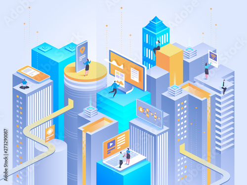 Smart city isometric concept Intelligent buildings