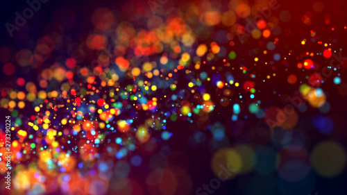 cloud of multicolored particles in the air like sparkles on a dark background with depth of field. beautiful bokeh light effects with colored particles. background for holiday presentations. 22