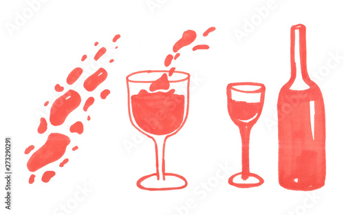 illustration of red wine bottle and glass on white background