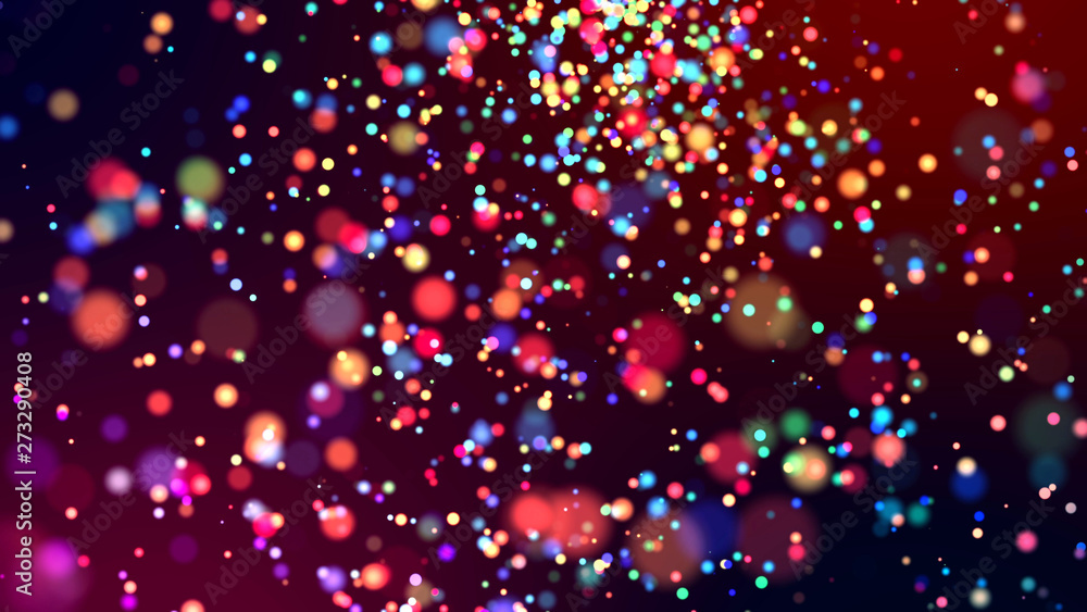 cloud of multicolored particles in the air like sparkles on a dark background with depth of field. beautiful bokeh light effects with colored particles. background for holiday presentations. 48 - obrazy, fototapety, plakaty 