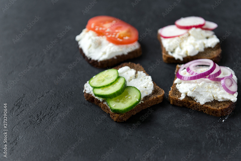 4 sandwiches with rye bread, cheese, tomato slices, onion, cucumber, radish