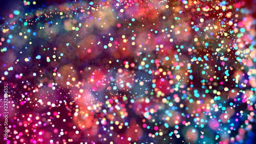 cloud of multicolored particles in the air like sparkles on a dark background with depth of field. beautiful bokeh light effects with colored particles. background for holiday presentations. 80