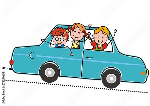 Car and children, two boys and one girl ride in car, vector funny illustration. Blue car with three happy kids.