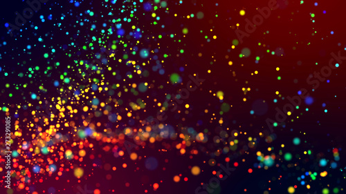 cloud of multicolored particles in the air like sparkles on a dark background with depth of field. beautiful bokeh light effects with colored particles. background for holiday presentations. 142