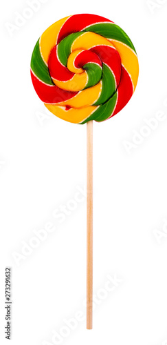 The close up of colorful, handmade swirl lollipop isolated on white background