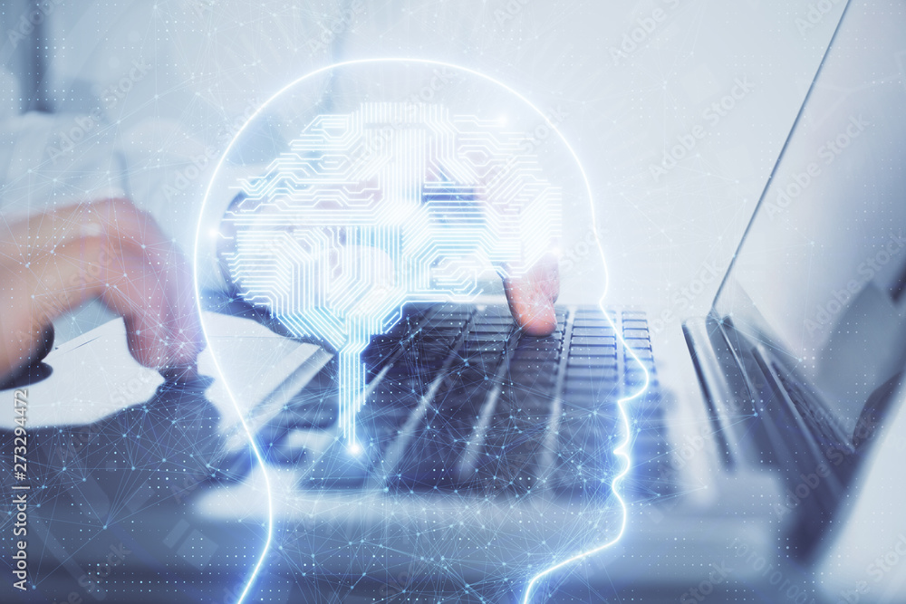 Man typing on keyboard background with brain hologram. Concept of big Data. Man typing on keyboard background with brain hologram. Concept of big Data.