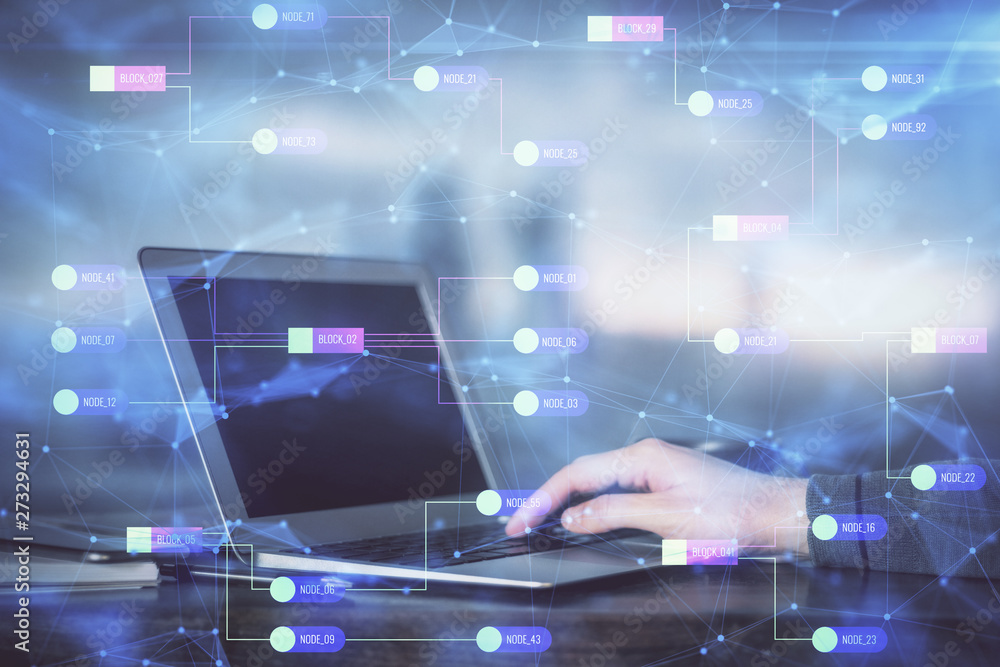 A man working on Laptop with technology theme drawing. Concept of big data. Double exposure. A man working on Laptop with technology theme drawing. Concept of big data. Double exposure.