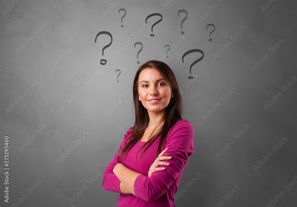 Person with question marks around face
Person with question marks around face
