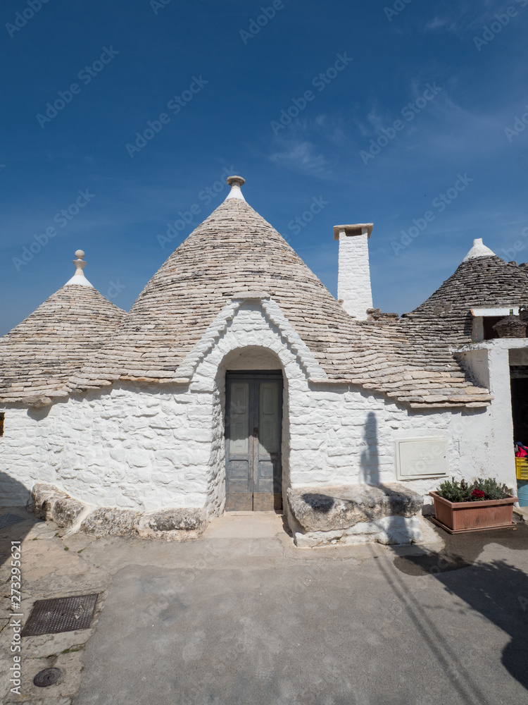Italy, april 2019: Alberobello is a small town and comune of the Metropolitan City of Bari. The trulli of Alberobello have been designated as a UNESCO World Heritage farmyard Italy, april 2019: Alberobello is a small town and comune of the Metropolitan City of Bari. The trulli of Alberobello have been designated as a UNESCO World Heritage farmyard