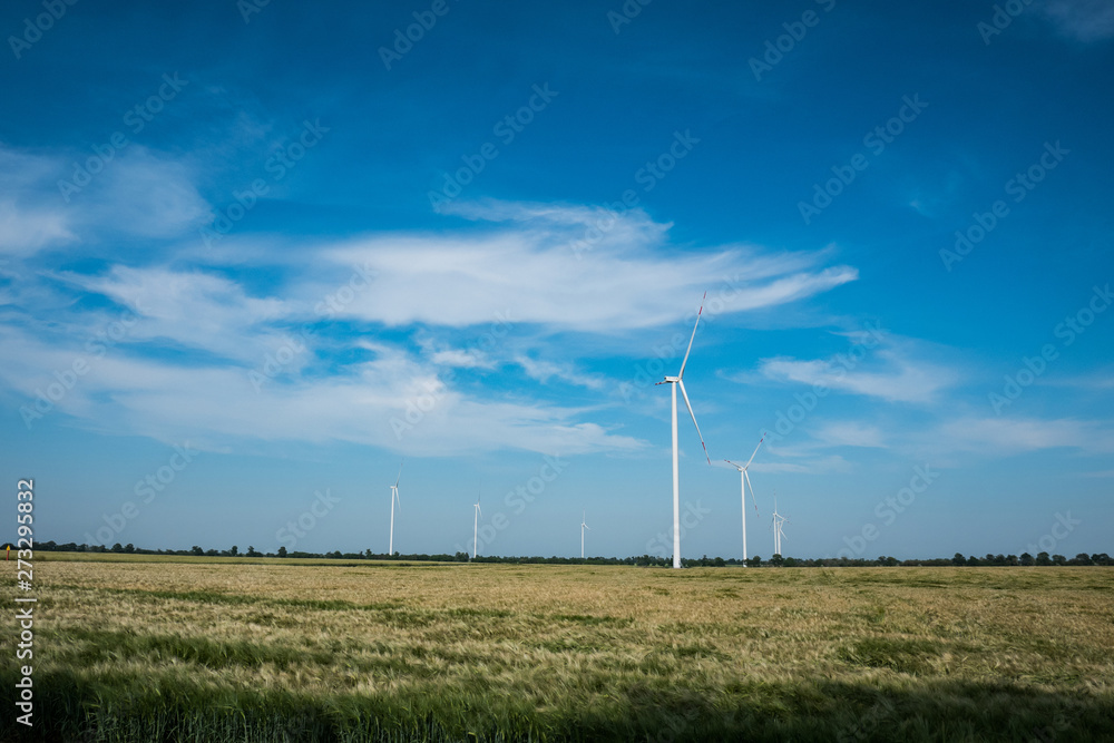 windmills for electric power production in the wheat fields against blue sky windmills for electric power production in the wheat fields against blue sky