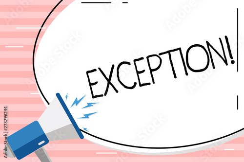 Conceptual hand writing showing Exception. Business photo showcasing Person or thing that is excluded from general statement Different Blank White Huge Oval Shape Sticker and Megaphone Shouting. photo