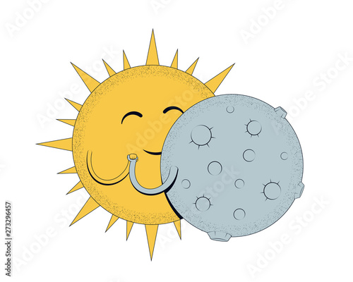Solar eclipse. Sun and Moon dance. Funny cartoon character. Vector illustration