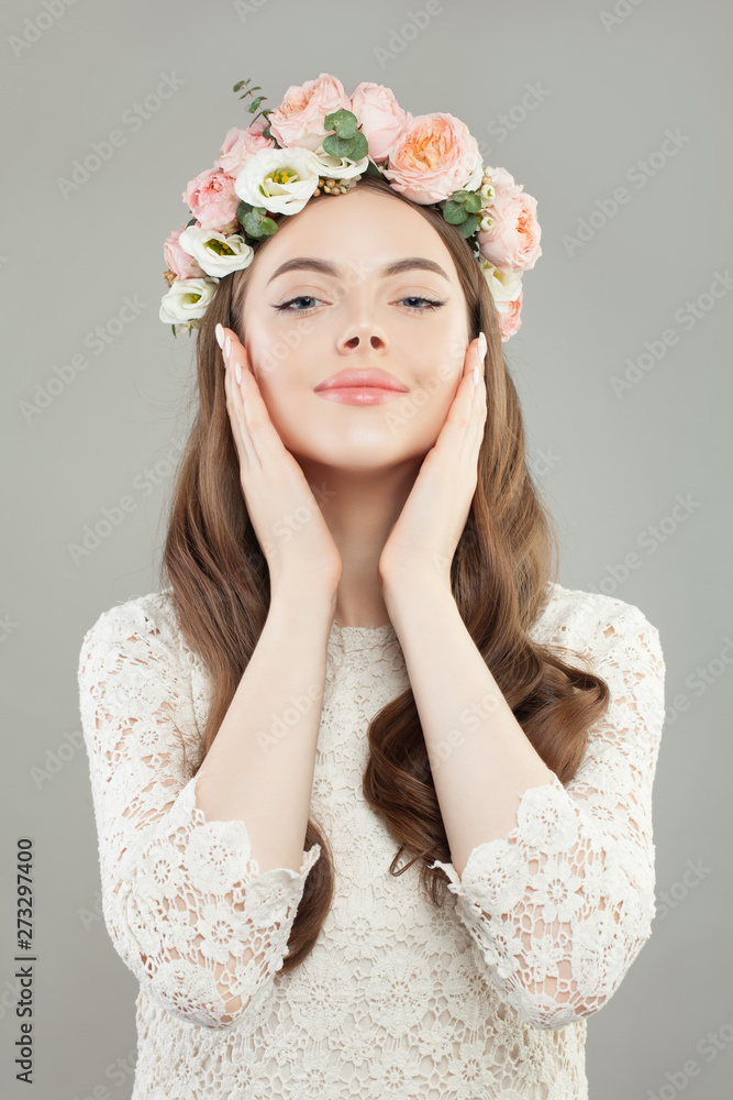 Fashion beauty portrait of cute woman wearing white dress and rose flowers wreath Fashion beauty portrait of cute woman wearing white dress and rose flowers wreath