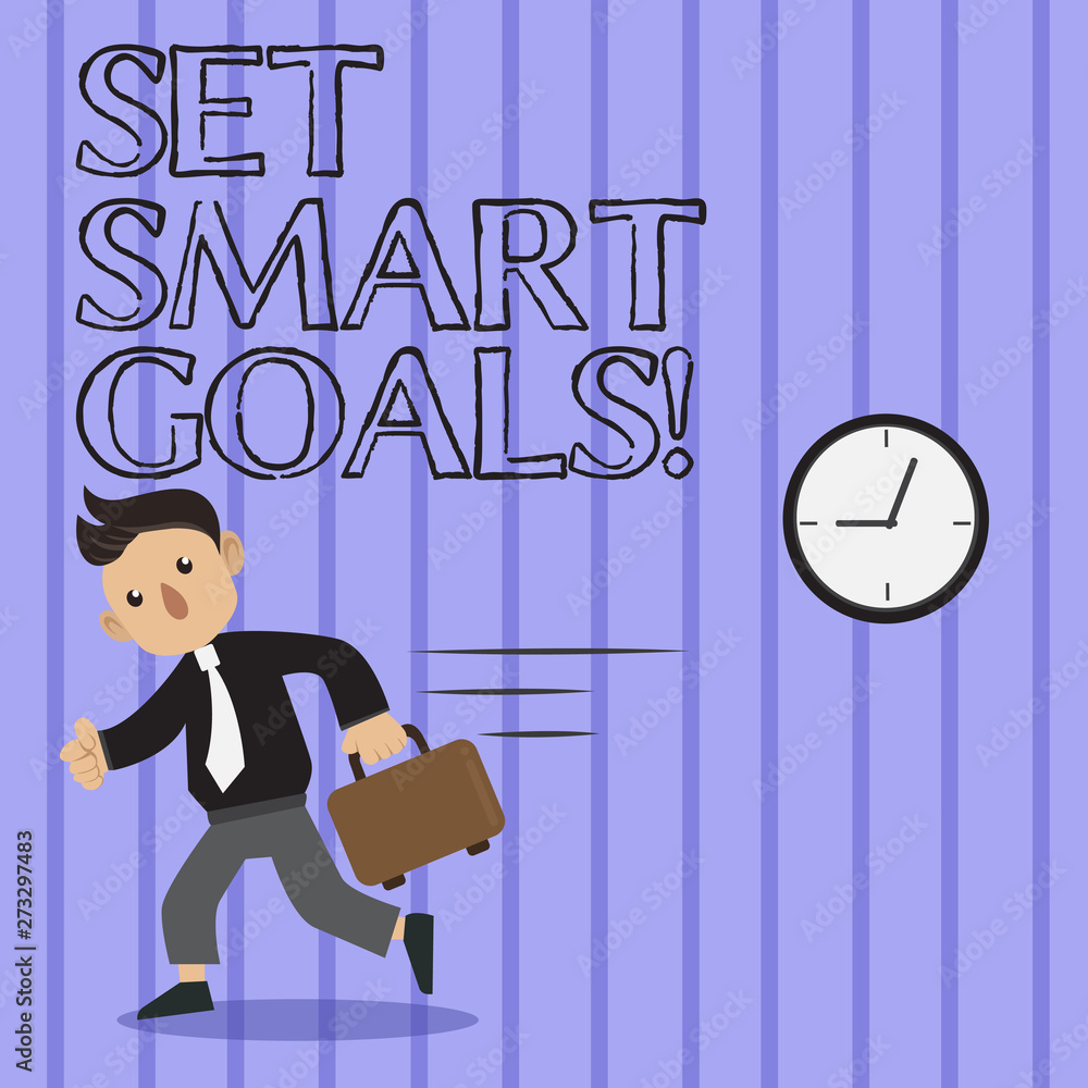 Word writing text Set Smart Goals. Business concept for list to clarify your ideas focus efforts use time wisely Man in Tie Carrying Briefcase Walking in a Hurry Past the Analog Wall Clock. Word writing text Set Smart Goals. Business concept for list to clarify your ideas focus efforts use time wisely Man in Tie Carrying Briefcase Walking in a Hurry Past the Analog Wall Clock.