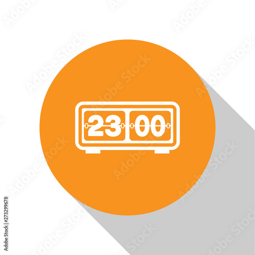 White Retro flip clock icon isolated on white background. Wall flap clock, number counter template, all digits with flips. Orange circle button. Flat design. Vector Illustration