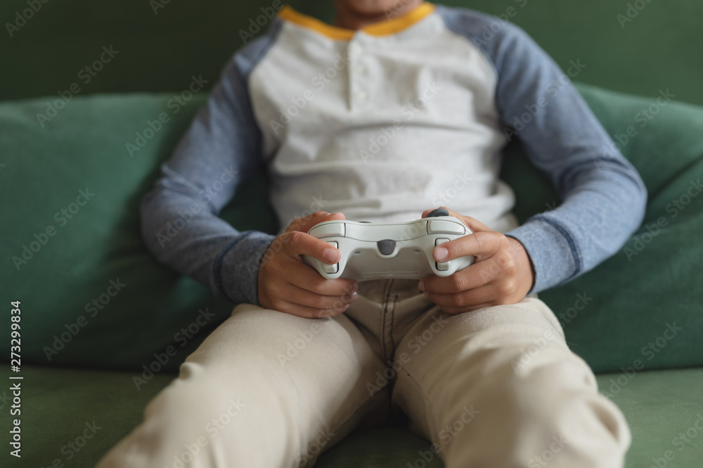 Boy playing video game in living room at home
