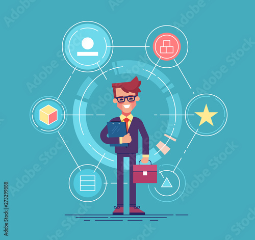 Single point of contact and SPOC concept. Management of project. Handsome man manager of project. Outsourcing and consulting. Modern character design. Flat vector illustration.