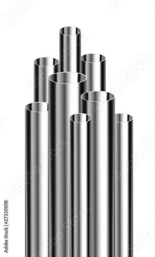 Steel or aluminum pipes of different diameters isolated on white background. Glossy 3d Steel Tubes design. Industrial, steel piplines production concept vector.
