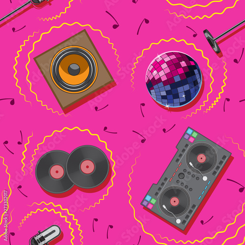 seamless pattern DJ karaoke microphone mixer speaker musical note vinyl disco ball