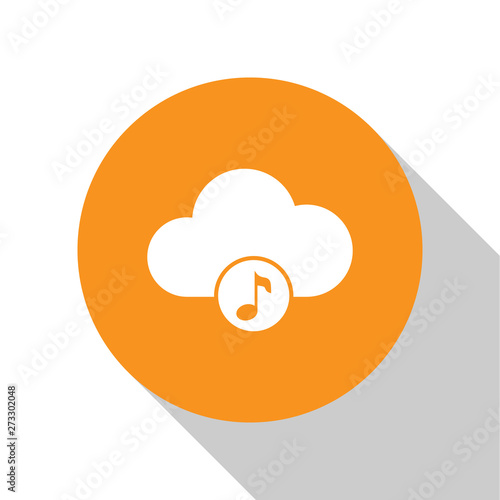 White Music streaming service icon isolated on white background. Sound cloud computing, online media streaming, online song, audio wave. Orange circle button. Flat design. Vector Illustration