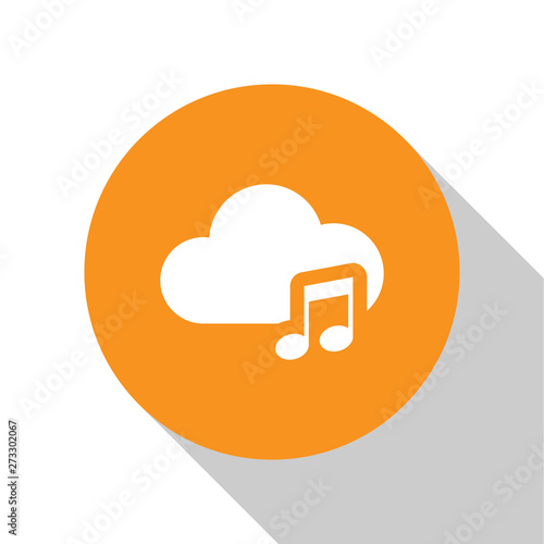 White Music streaming service icon isolated on white background. Sound cloud computing, online media streaming, online song, audio wave. Orange circle button. Flat design. Vector Illustration