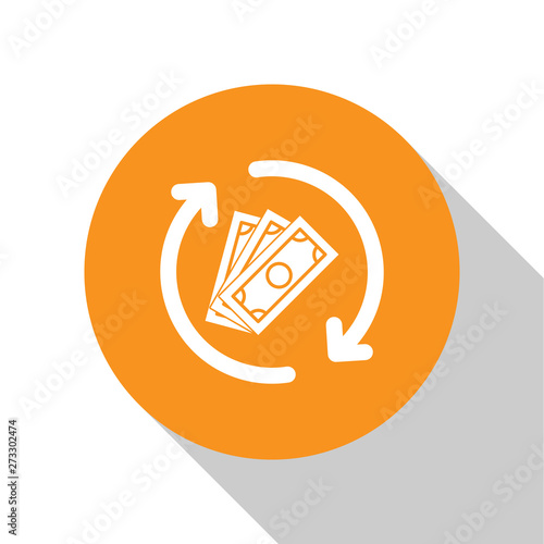 White Refund money icon isolated on white background. Financial services, cash back concept, money refund, return on investment, savings account. Orange circle button. Flat design. Vector Illustration