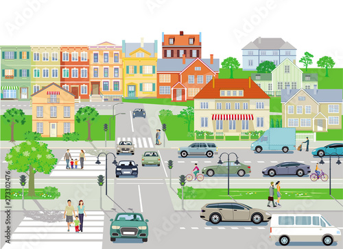 Kleinstadt mit Straßenverkehr und Fußgänger 