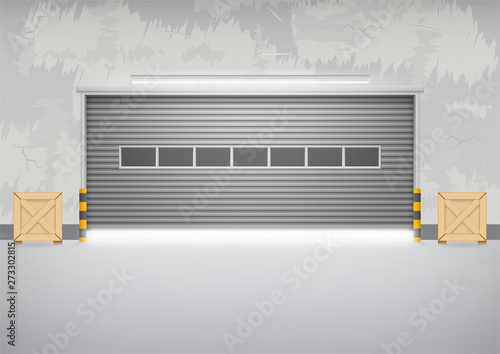 Roller door or roller shutter. Also called security door or security shutter. For protect residential, commercial and industrial building i.e. house, factory, warehouse, hangar. Vector illustration.