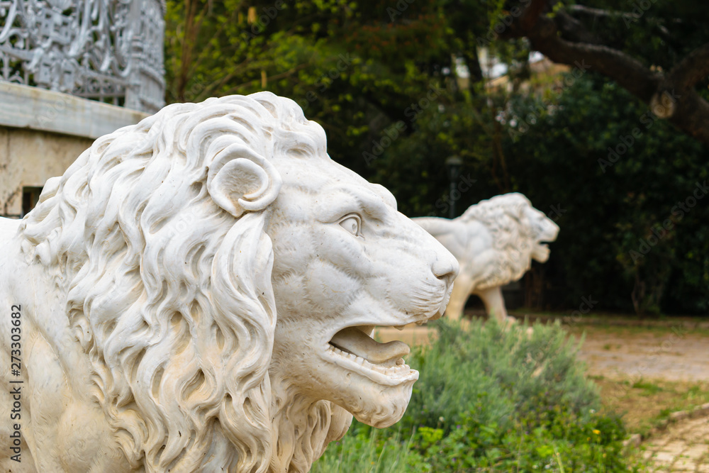 Lion statues detail in the entrance of Villa Kazouli public building, KIfissia, Greece