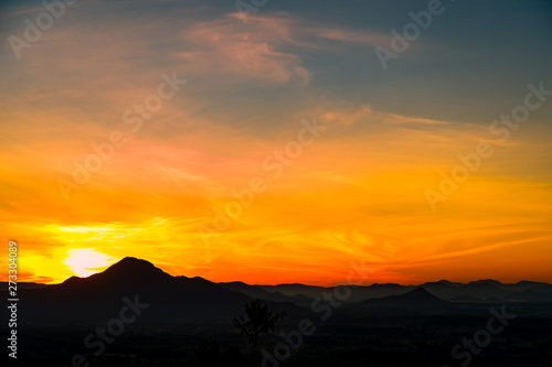 Scenic Colorful Landscape Sunrise in the Morning on The Hill at Phu Tok, Chiang Khan, Loei, Thailand.